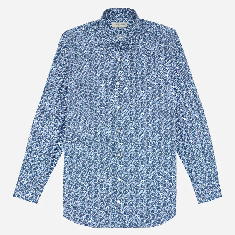 Camicia disegni a fiori blu cotone tessuto con armatura a tela, collo stile collo francese aggiornato a punte corte miniatura 2