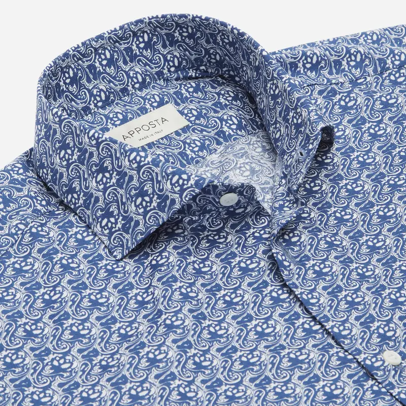 Camicia disegni a fiori blu cotone tessuto con armatura a tela, collo stile collo francese aggiornato a punte corte miniatura 3