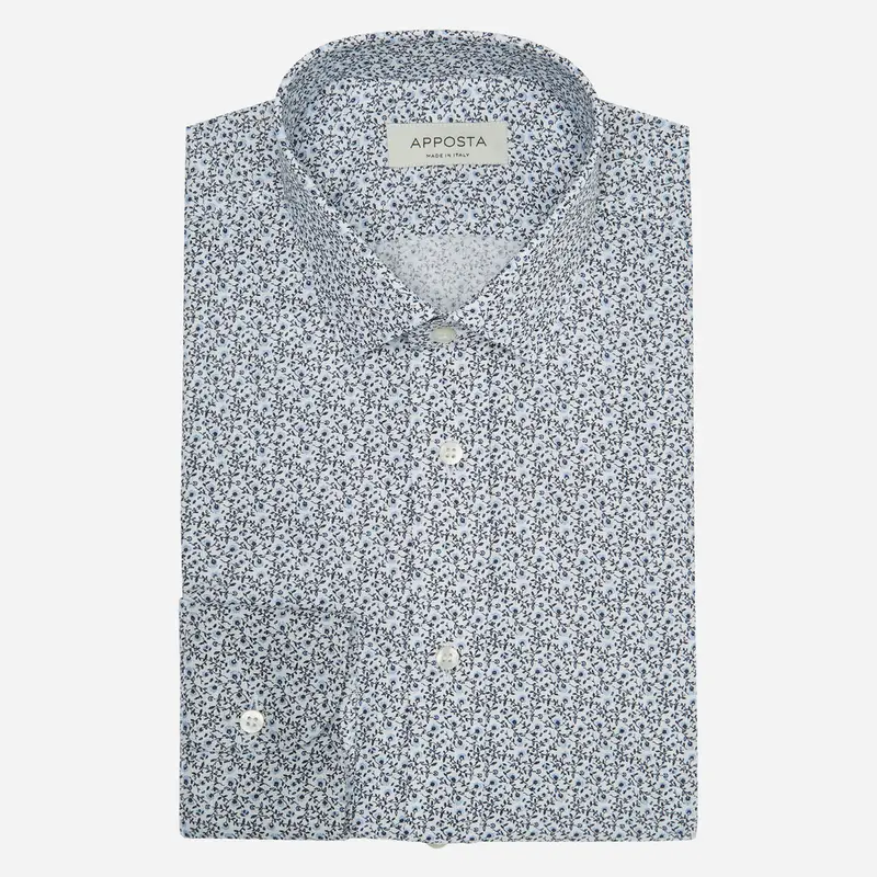 Camicia disegni a fiori blu giro inglese doppio ritorto, collo stile collo italiano aggiornato a punte corte
