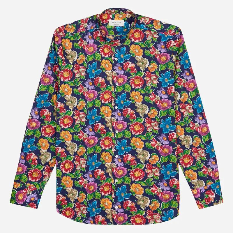 Camicia disegni a fiori multi cotone popeline, collo stile collo alla coreana senza bottone miniatura 2