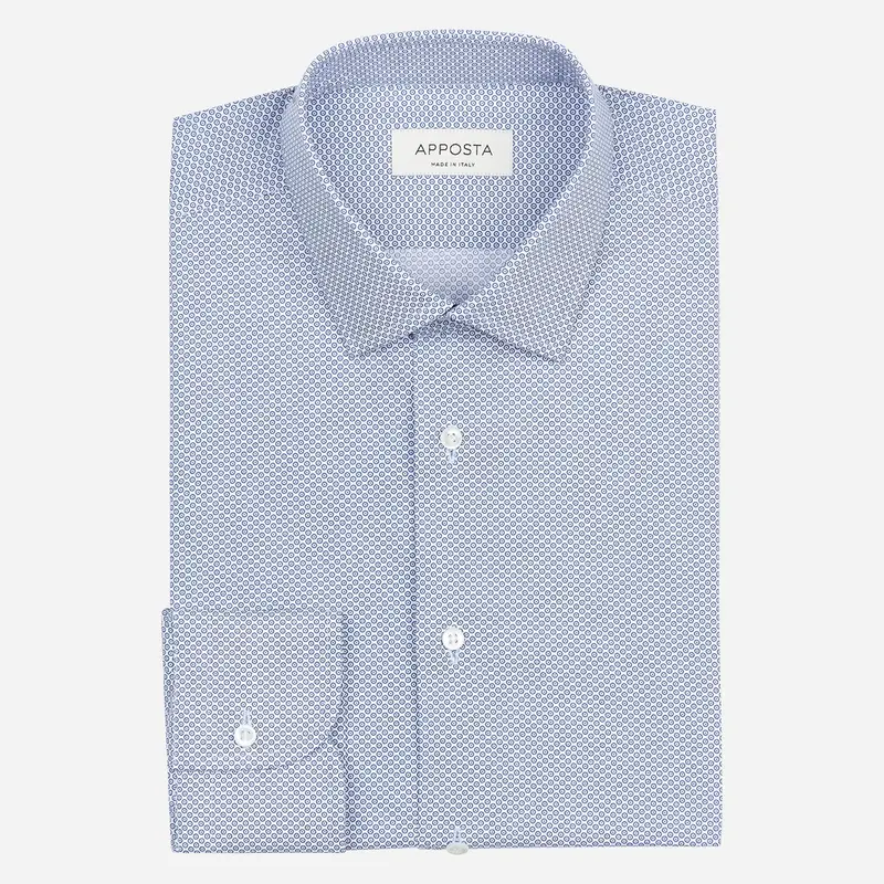 Camicia disegni a pois azzurro cotone popeline, collo stile collo italiano aggiornato a punte corte
