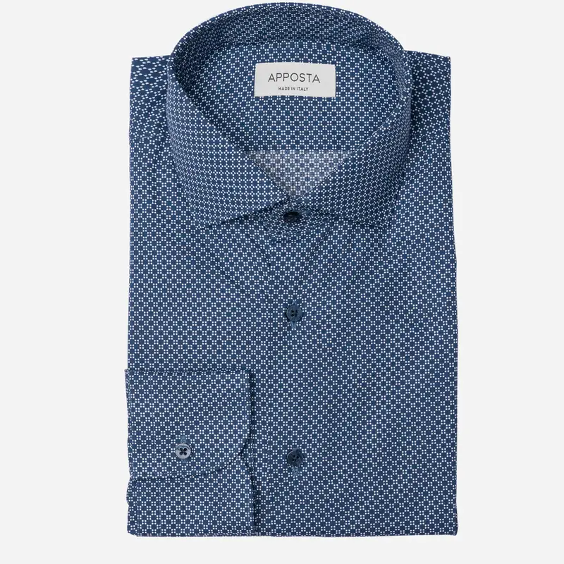 Camicia fantasie blu cotone tessuto con armatura a tela, collo stile collo francese aggiornato a punte corte