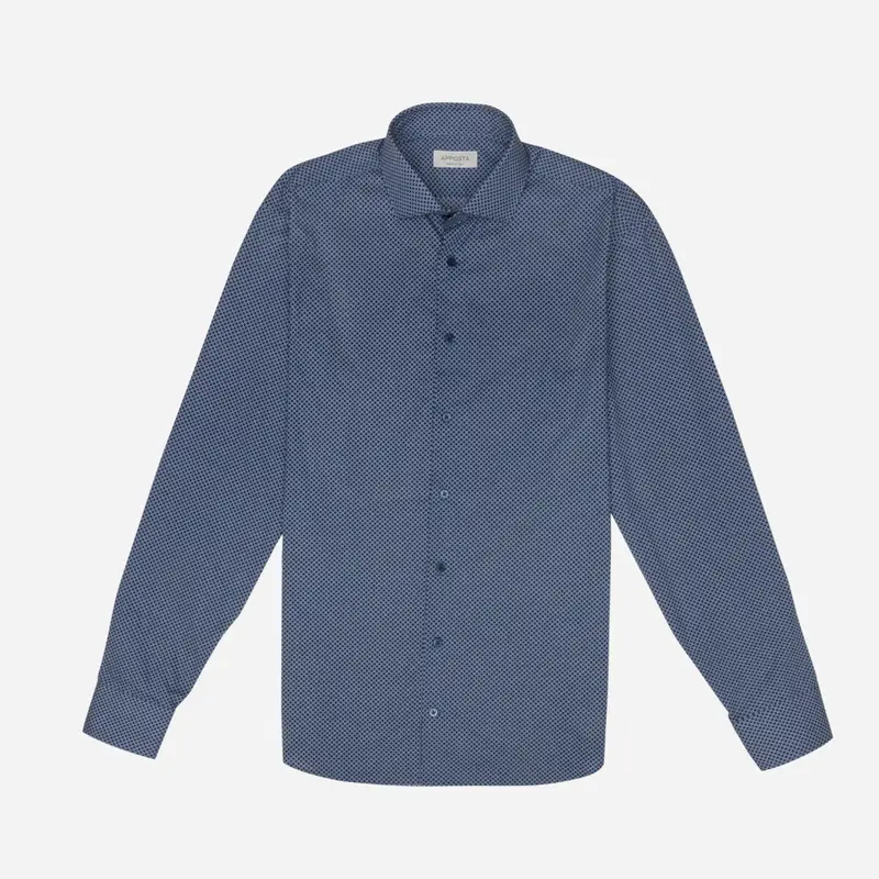 Camicia fantasie blu cotone tessuto con armatura a tela, collo stile collo francese aggiornato a punte corte miniatura 2