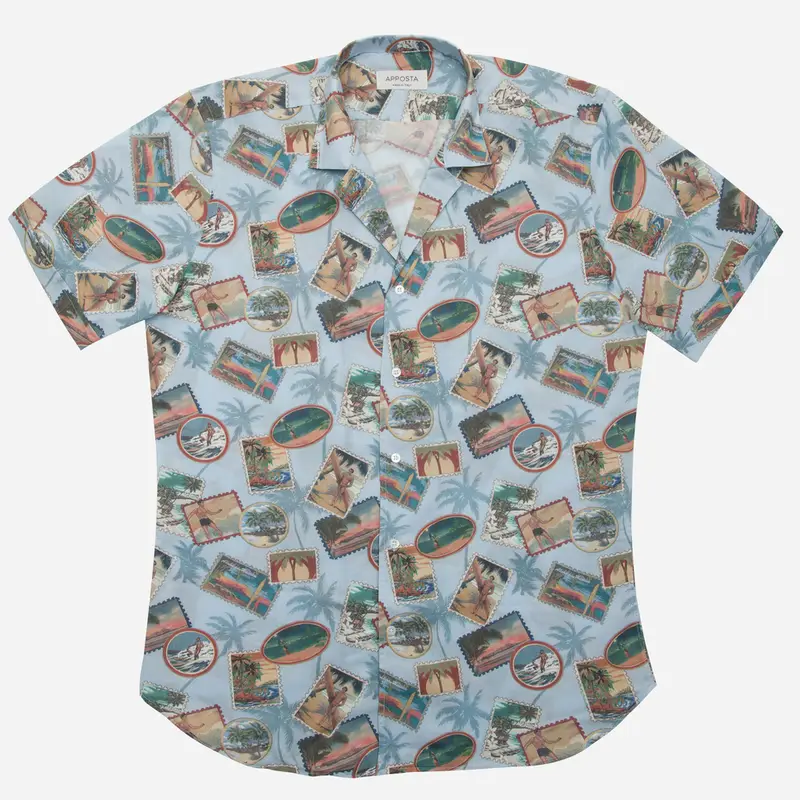 Camicia fantasie multi cotone popeline, collo stile collo bowling miniatura 3