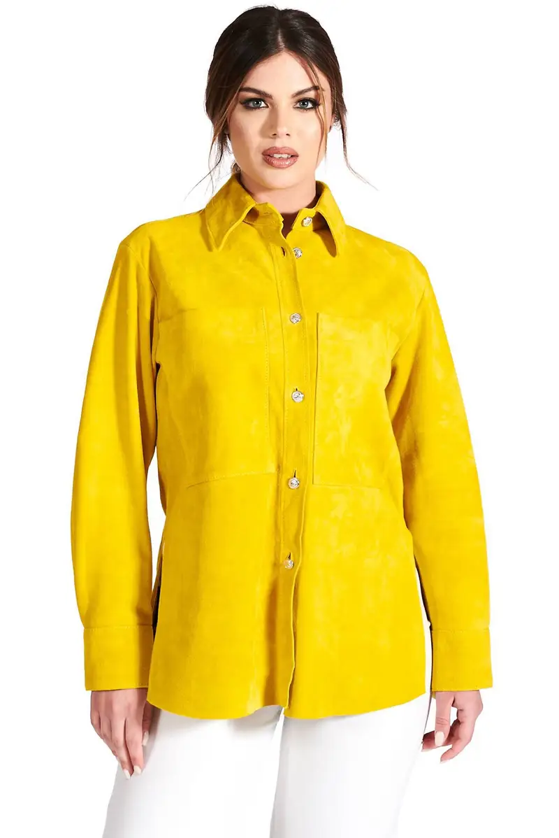 Camicia in pelle scamosciata gialla vestibilità over D'Arienzo, Seleziona Taglia XS-S, Colore Giallo