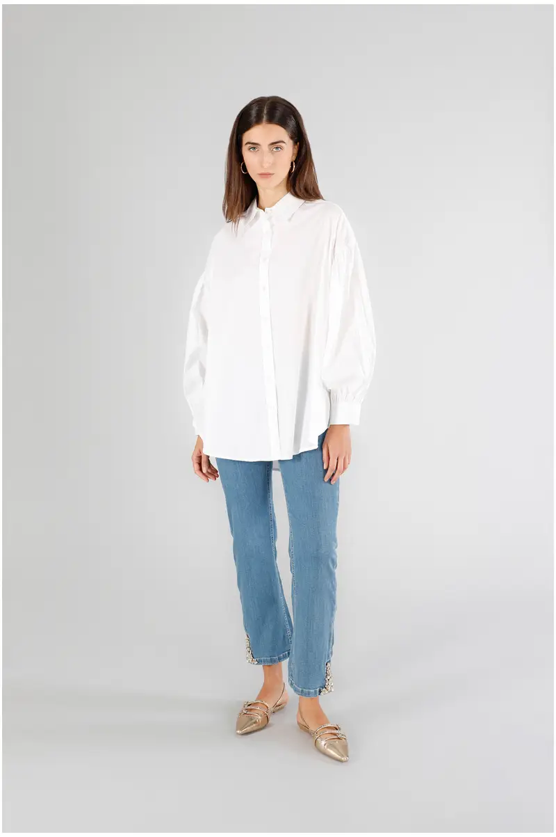 camicia in popeline con maniche increspate bianco xs