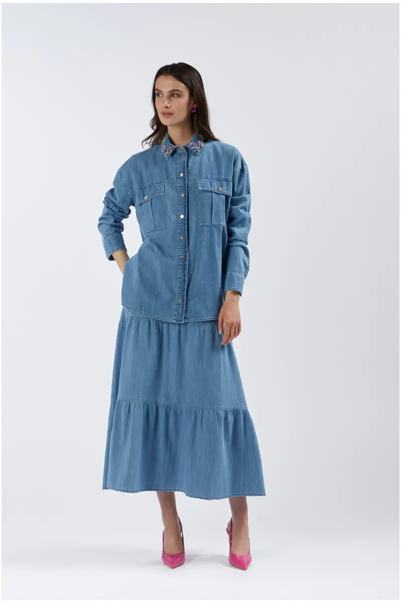 camicia in tela denim con colletto ricamato sky xs