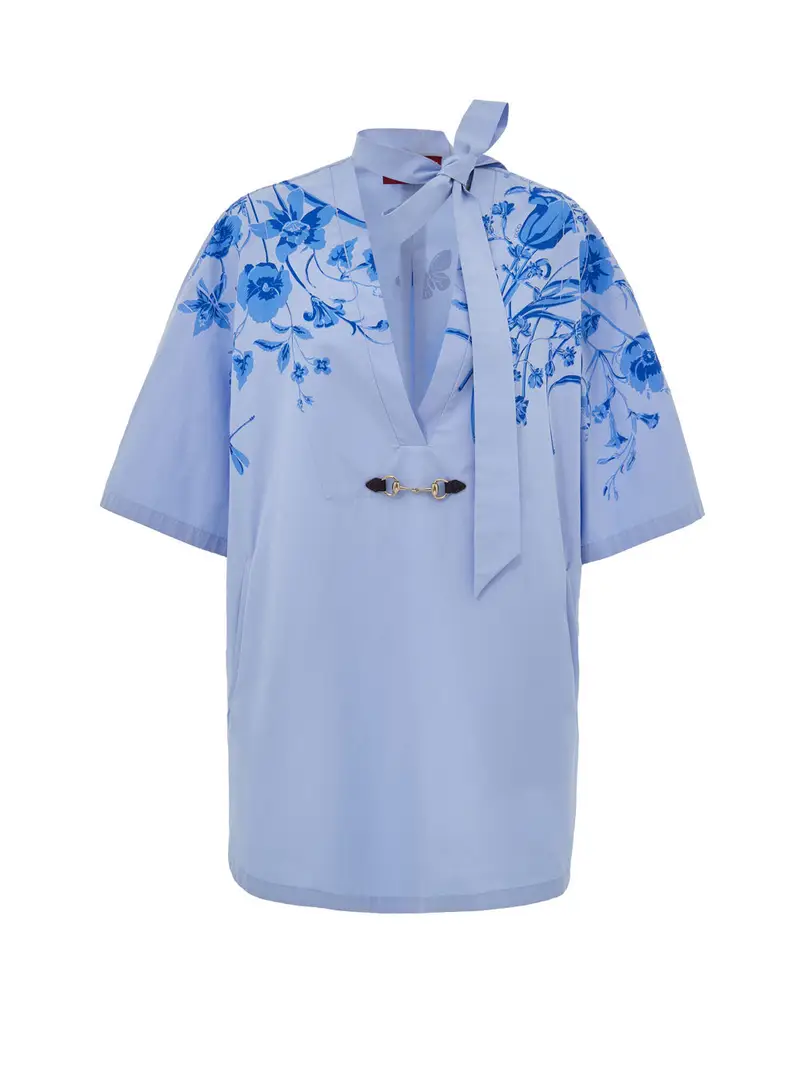 Camicia Kimono in Popeline di Cotone Azzurra con Stampa Fiori Gucci