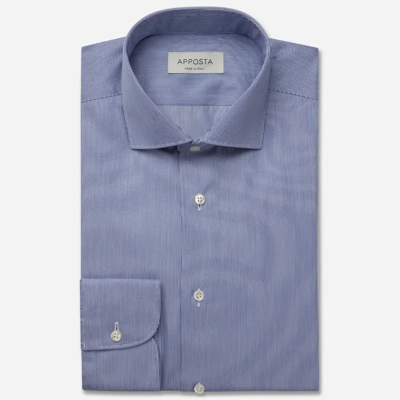 Camicia millerighe blu cotone antipiega twill doppio ritorto, collo stile collo francese basso
