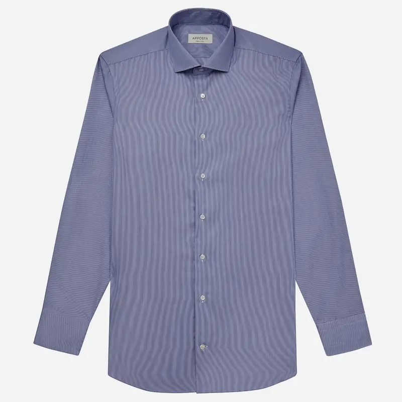 Camicia millerighe blu cotone antipiega twill doppio ritorto, collo stile collo francese basso miniatura 2