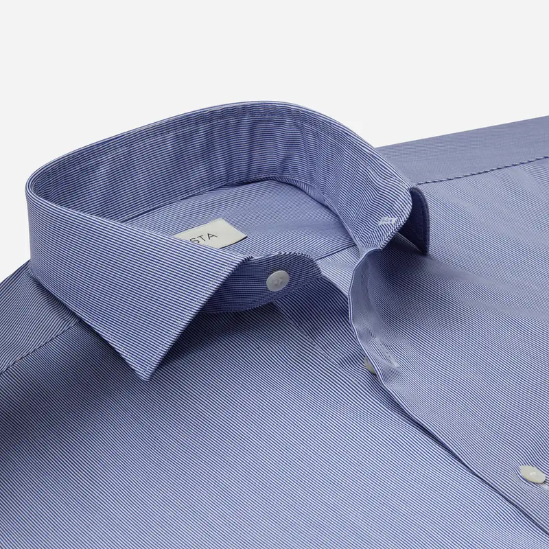 Camicia millerighe blu cotone antipiega twill doppio ritorto, collo stile collo francese basso miniatura 3