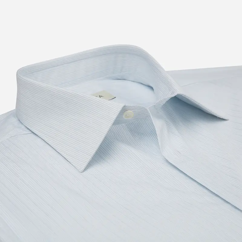 Camicia millerighe blu cotone tessuto con armatura a tela, collo stile collo italiano basso miniatura 3