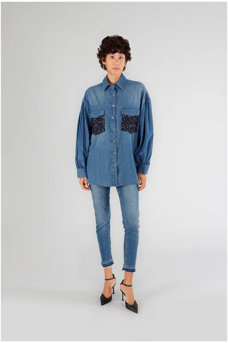 camicia over con tasche di pailettes blu medio xs
