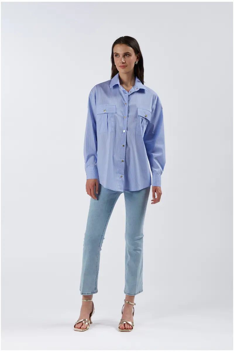 camicia over in tessuto rigato con tasche a toppa multiriga l