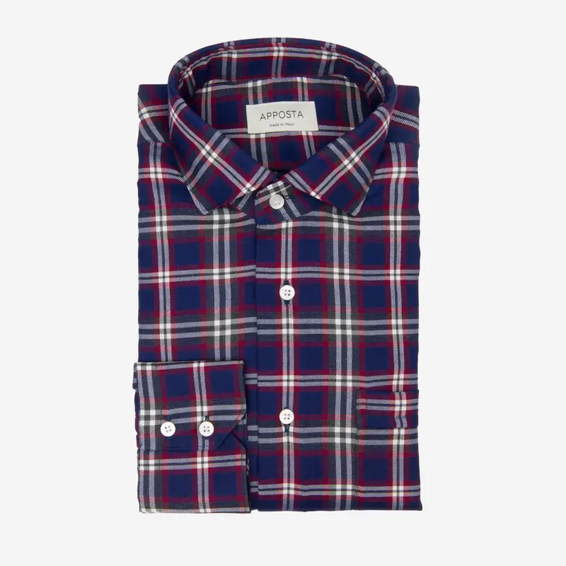Camicia principe di galles blu cotone-lana twill, collo stile collo button down