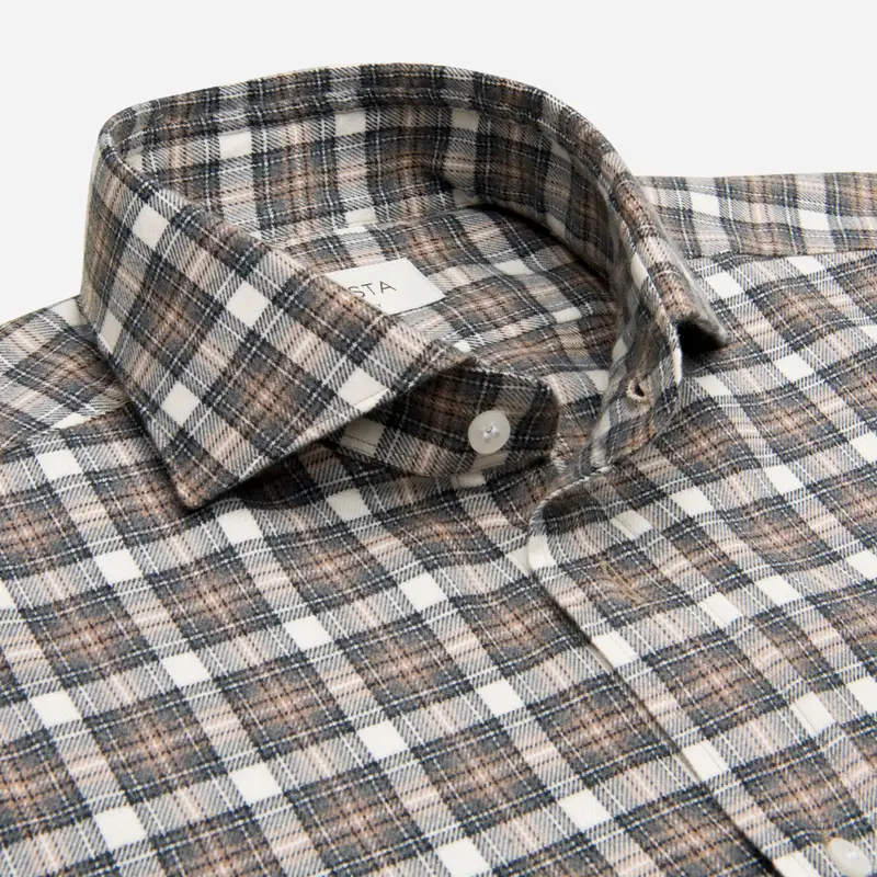 Camicia quadri grandi multi flanella twill doppio ritorto, collo stile collo francese aggiornato a punte corte miniatura 3