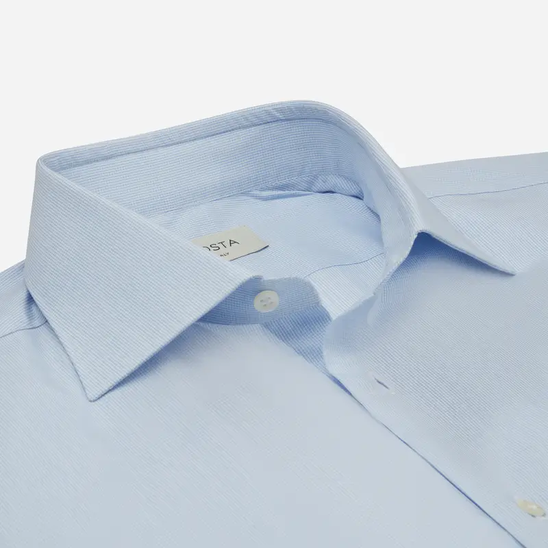 Camicia quadri piccoli azzurro cotone popeline doppio ritorto, collo stile collo francese miniatura 3