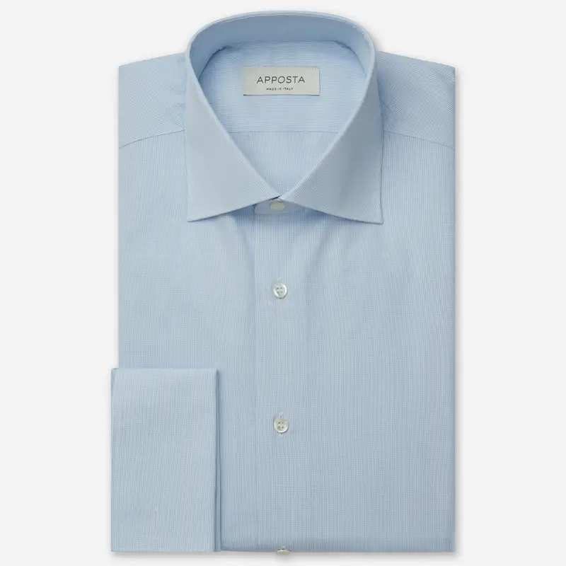 Camicia quadri piccoli azzurro cotone tessuto con armatura a tela, collo stile collo semifrancese, polso da gemelli