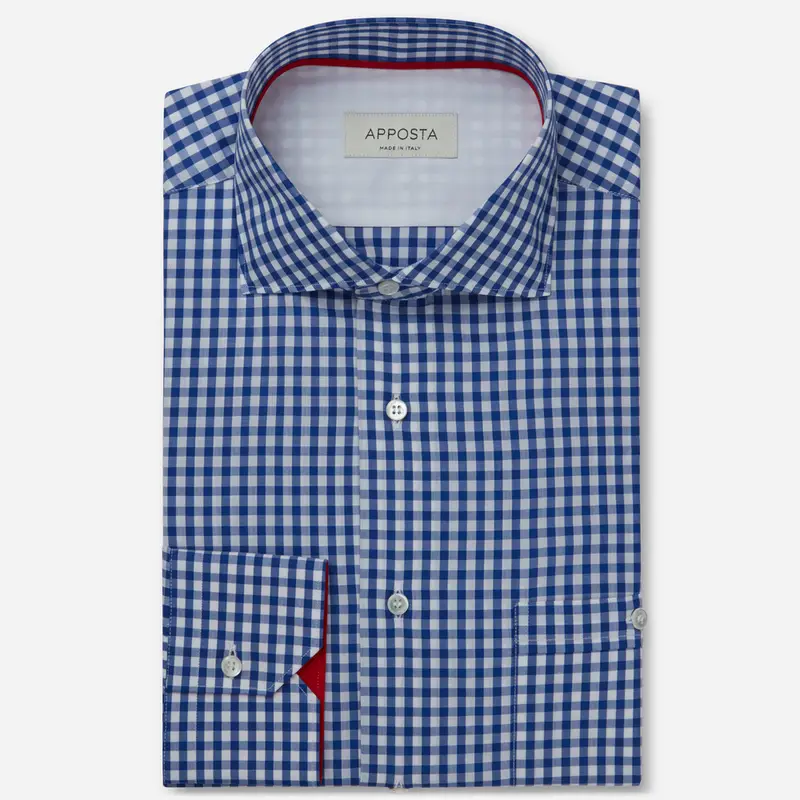 Camicia quadri piccoli azzurro cotone tessuto con armatura a tela doppio ritorto, collo stile collo francese aggiornato a punte corte