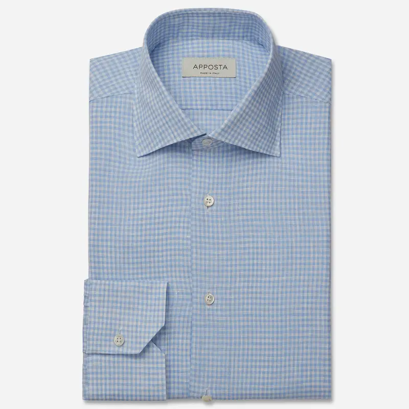 Camicia quadri piccoli azzurro lino tessuto con armatura a tela lino di normandia, collo stile collo semifrancese