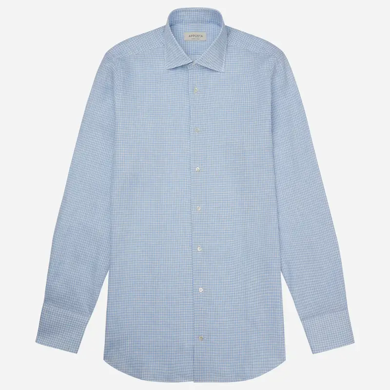 Camicia quadri piccoli azzurro lino tessuto con armatura a tela lino di normandia, collo stile collo semifrancese miniatura 2