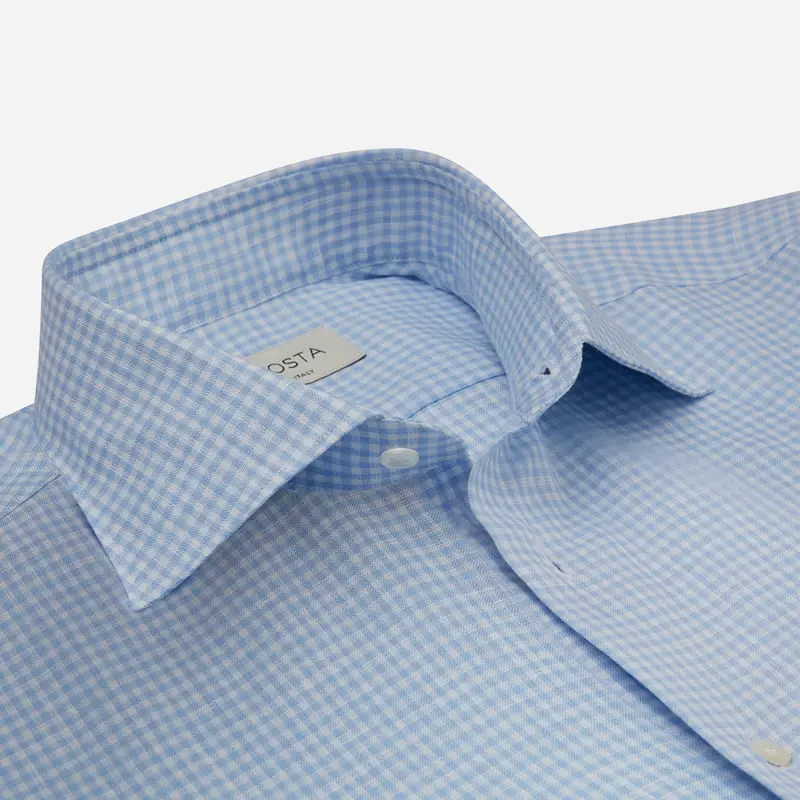 Camicia quadri piccoli azzurro lino tessuto con armatura a tela lino di normandia, collo stile collo semifrancese miniatura 3
