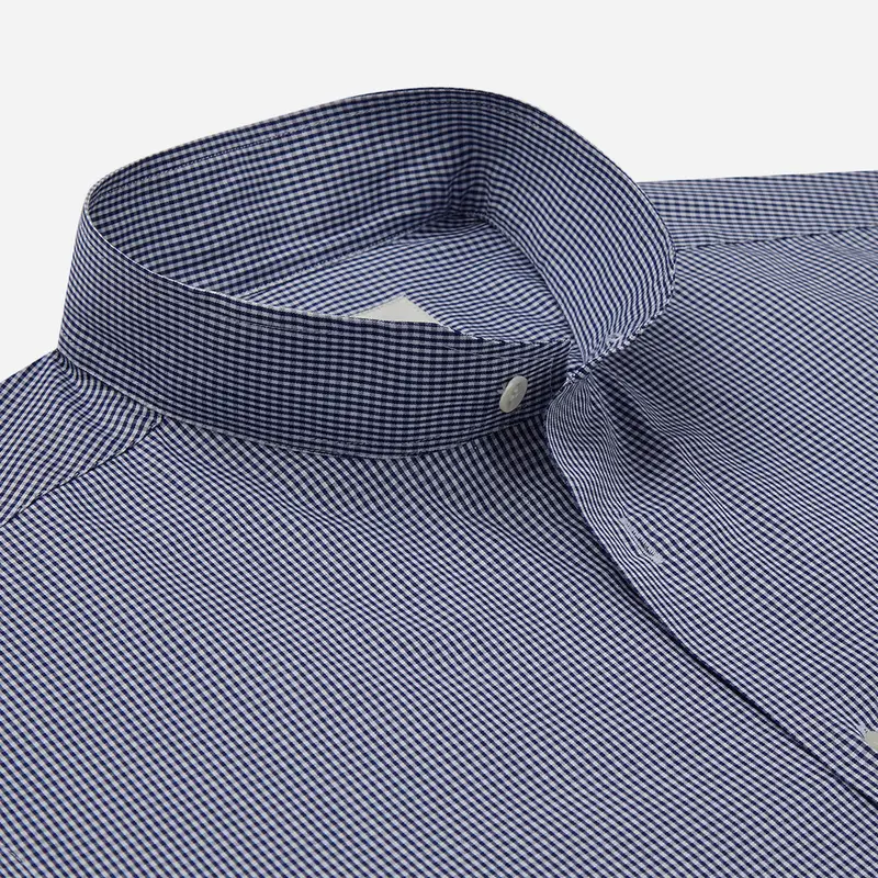 Camicia quadri piccoli blu cotone fil-à -fil, collo stile collo alla coreana smussato miniatura 3