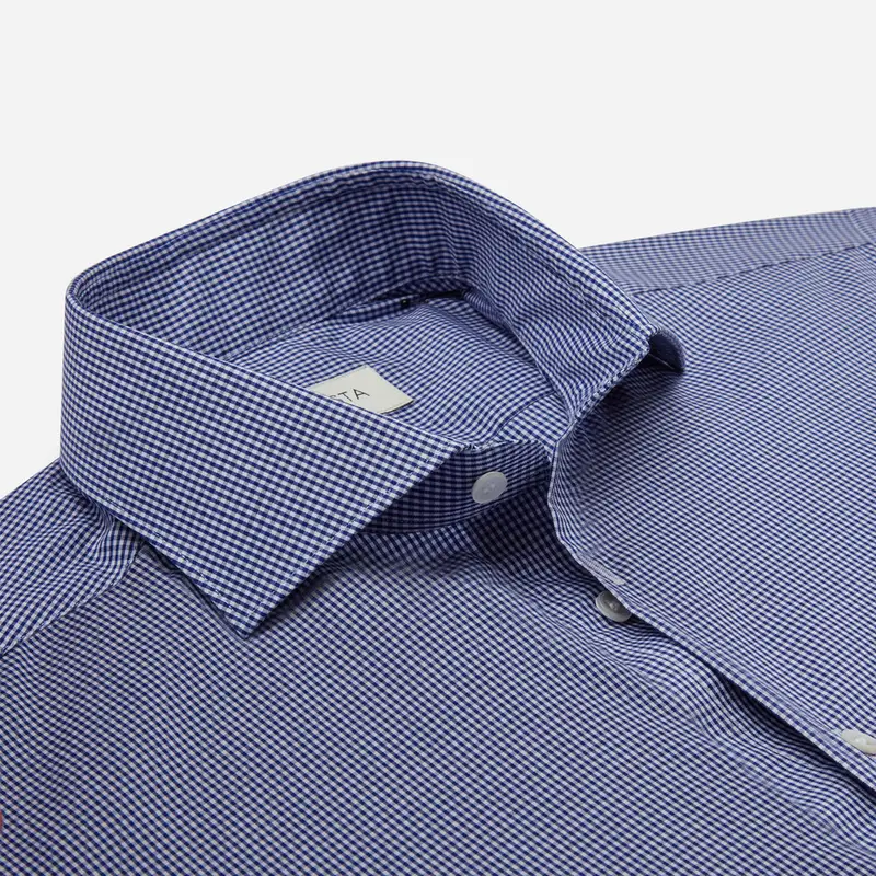 Camicia quadri piccoli blu cotone fil-à -fil, collo stile collo francese aggiornato a punte corte miniatura 3