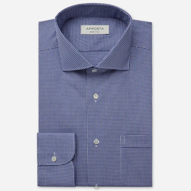 Camicia quadri piccoli blu cotone stiro facile popeline, collo stile collo francese basso