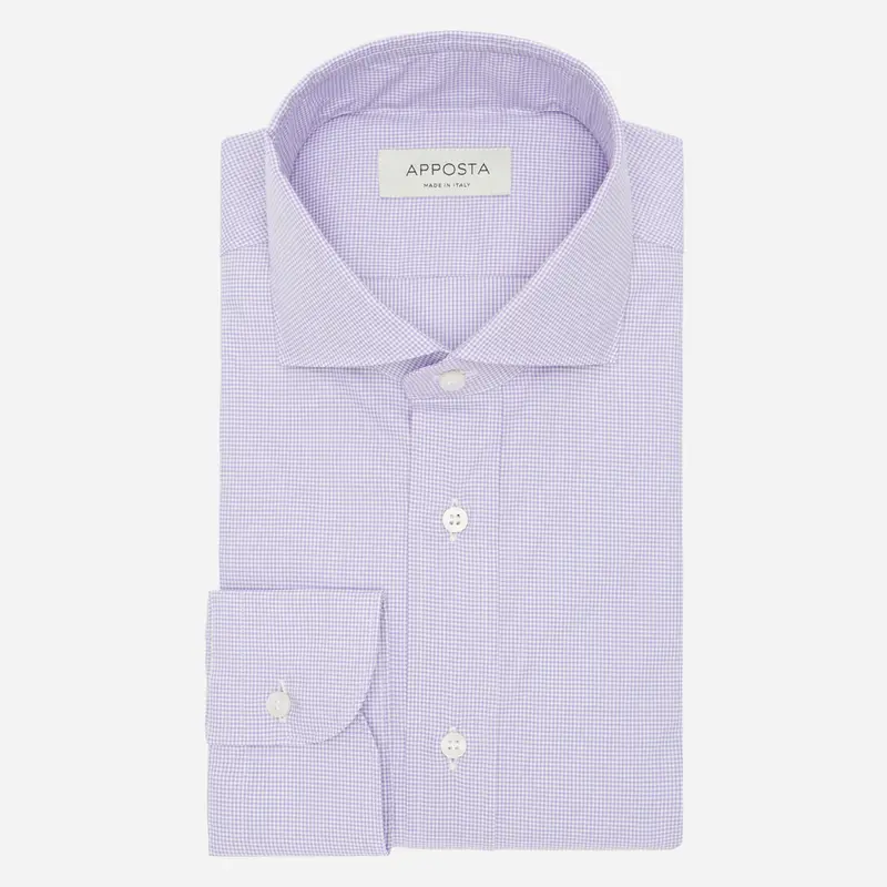 Camicia quadri piccoli viola cotone stiro facile twill, collo stile collo francese basso