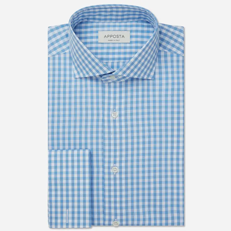 Camicia quadro gingham azzurro cotone zephir, collo stile collo semifrancese