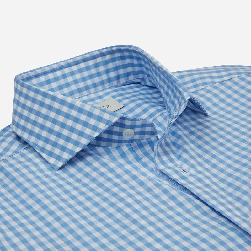 Camicia quadro gingham azzurro cotone zephir, collo stile collo semifrancese miniatura 3