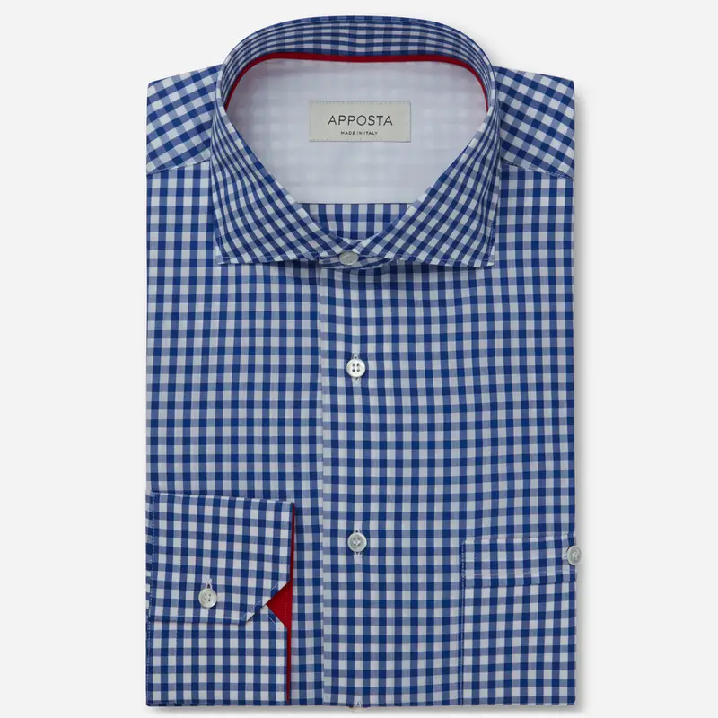 Camicia quadro gingham blu cotone zephir, collo stile collo francese