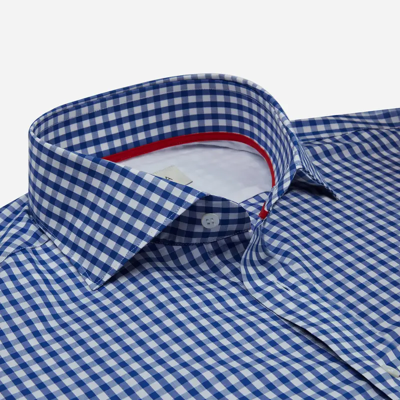 Camicia quadro gingham blu cotone zephir, collo stile collo francese miniatura 3
