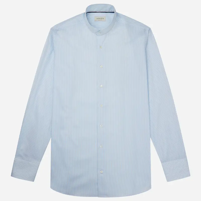 Camicia righe azzurro cotone fil-à -fil, collo stile collo alla coreana smussato miniatura 2