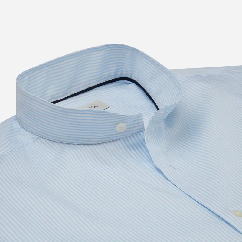 Camicia righe azzurro cotone fil-à -fil, collo stile collo alla coreana smussato miniatura 3