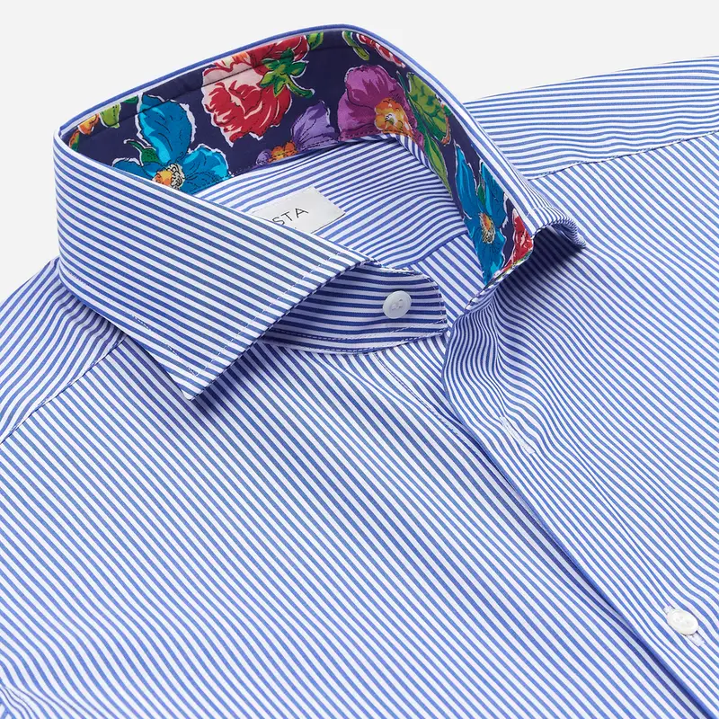 Camicia righe azzurro cotone fil-à -fil, collo stile collo francese basso miniatura 3