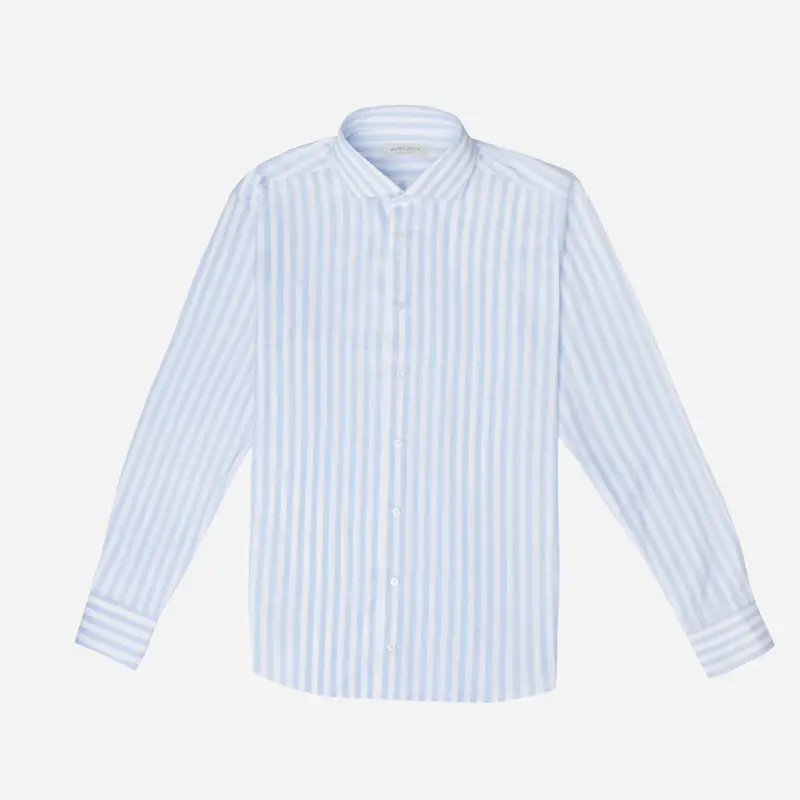 Camicia righe azzurro cotone popeline, collo stile collo francese basso miniatura 2