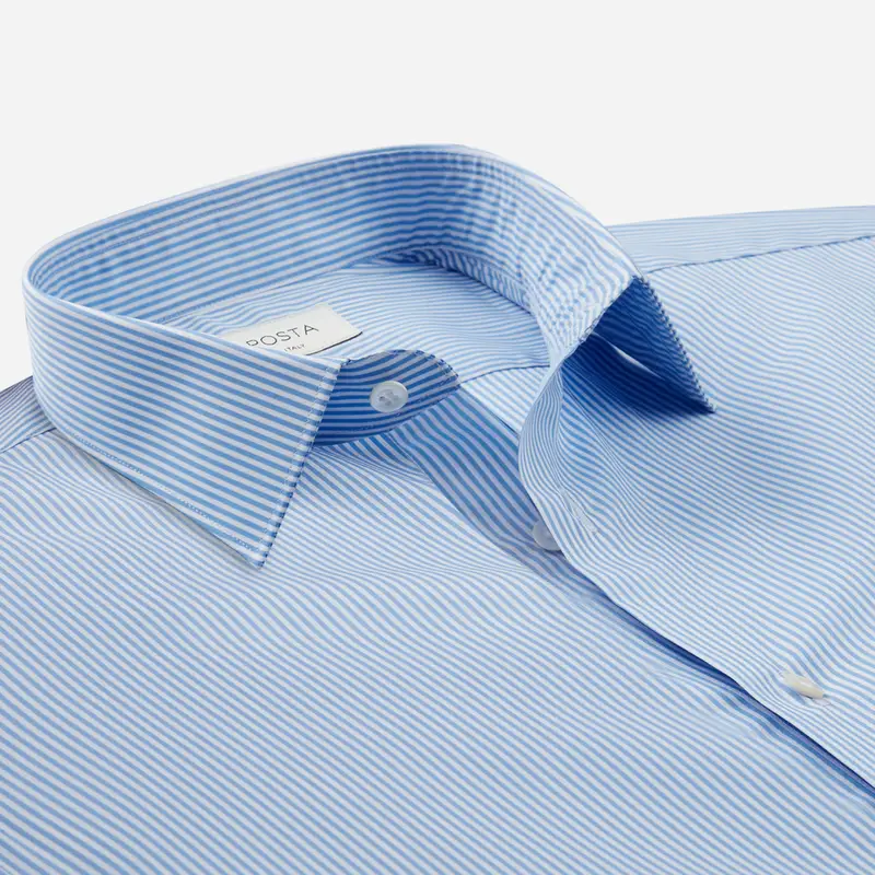 Camicia righe azzurro cotone popeline, collo stile collo italiano basso miniatura 3