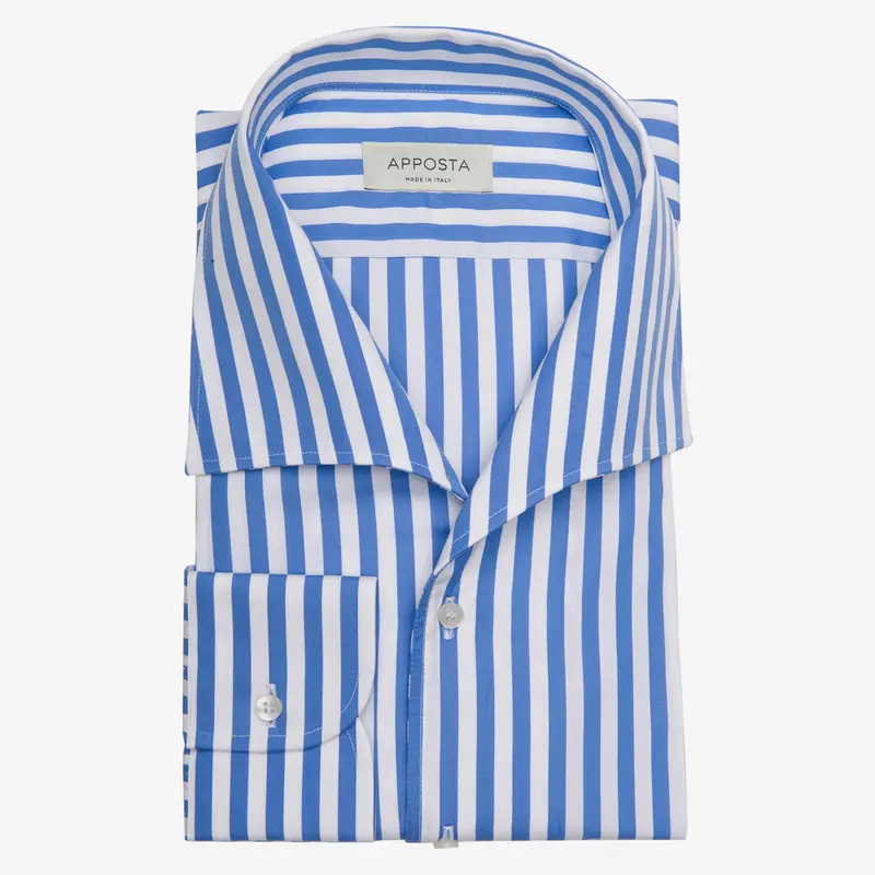 Camicia righe azzurro cotone popeline doppio ritorto, collo stile collo capri