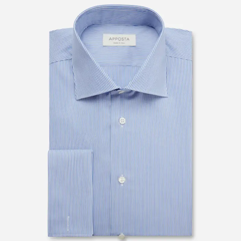 Camicia righe azzurro cotone stiro facile popeline, collo stile collo semifrancese, polso da gemelli