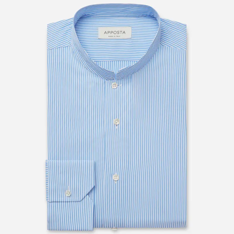 Camicia righe azzurro cotone tessuto con armatura a tela, collo stile collo alla coreana aperto