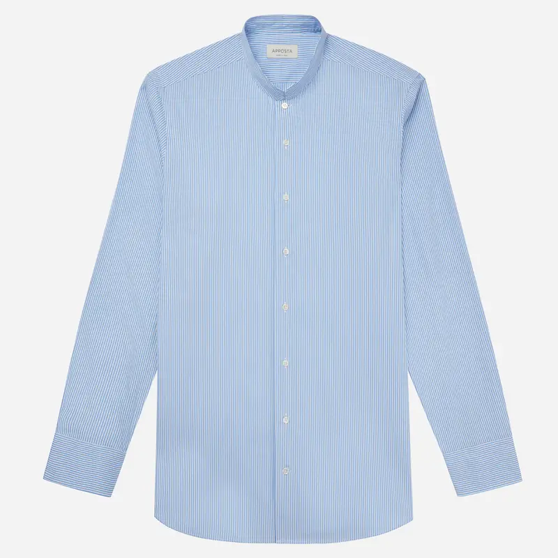 Camicia righe azzurro cotone tessuto con armatura a tela, collo stile collo alla coreana aperto miniatura 2
