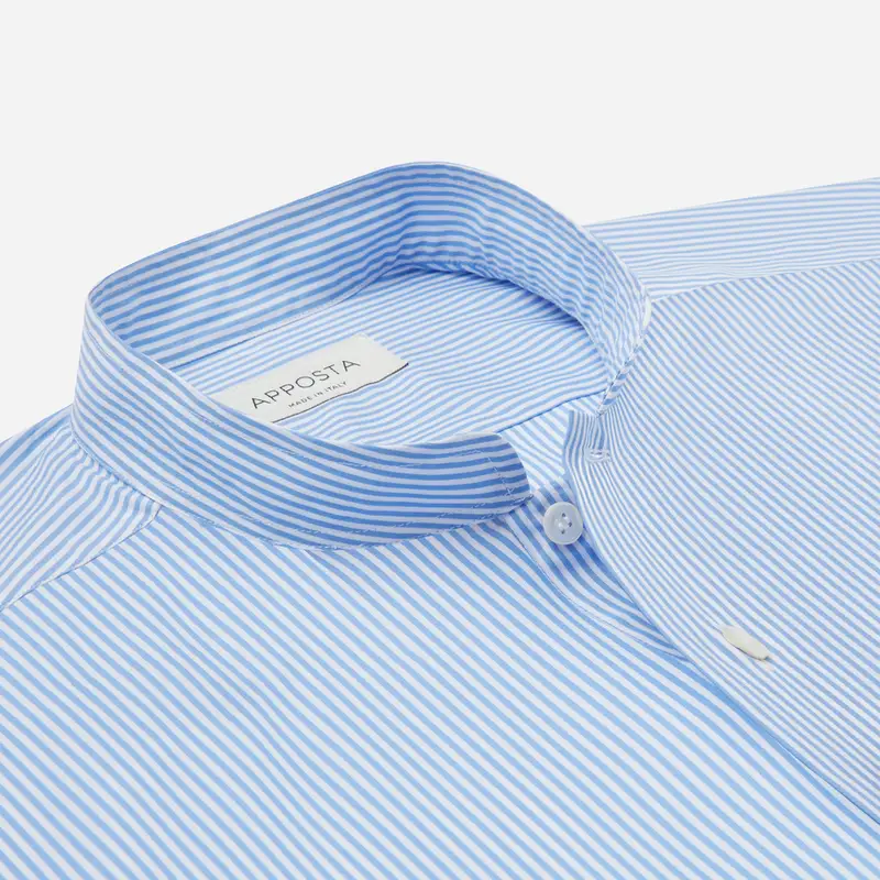 Camicia righe azzurro cotone tessuto con armatura a tela, collo stile collo alla coreana aperto miniatura 3