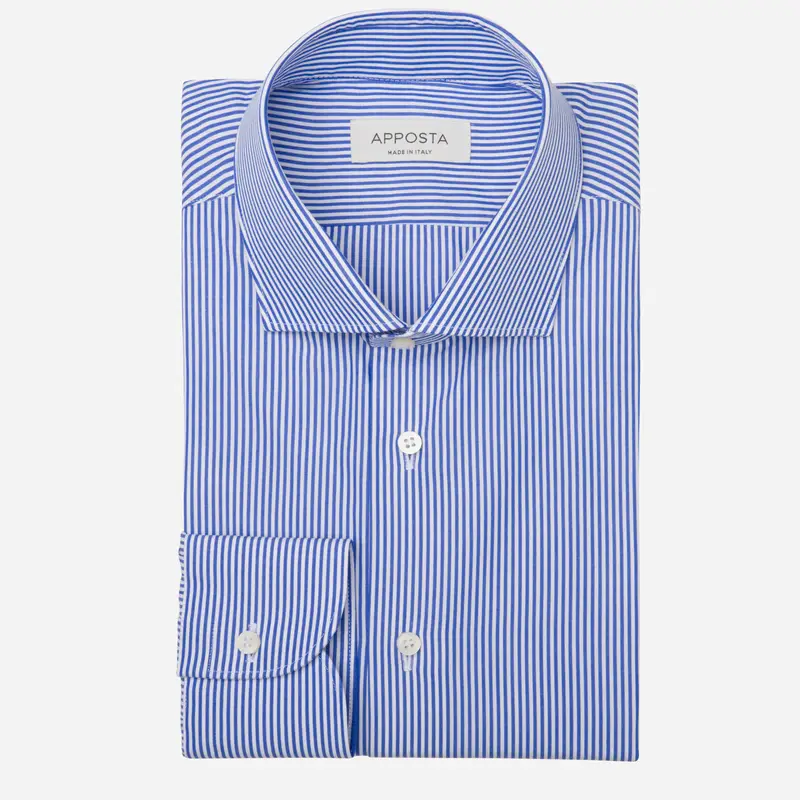 Camicia righe azzurro cotone tessuto con armatura a tela, collo stile collo francese aggiornato a punte corte