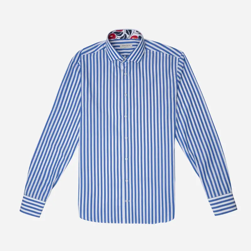 Camicia righe azzurro cotone tessuto con armatura a tela, collo stile collo semifrancese miniatura 2
