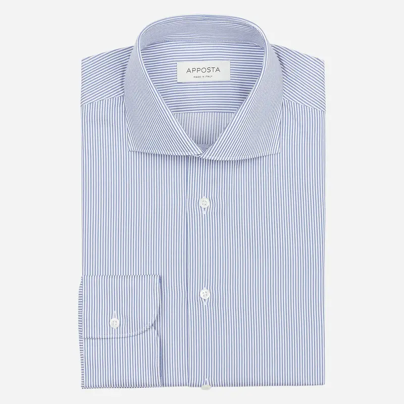 Camicia righe azzurro cotone twill, collo stile collo francese alto con due bottoni