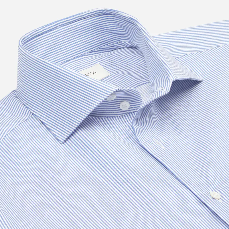 Camicia righe azzurro cotone twill, collo stile collo francese alto con due bottoni miniatura 3