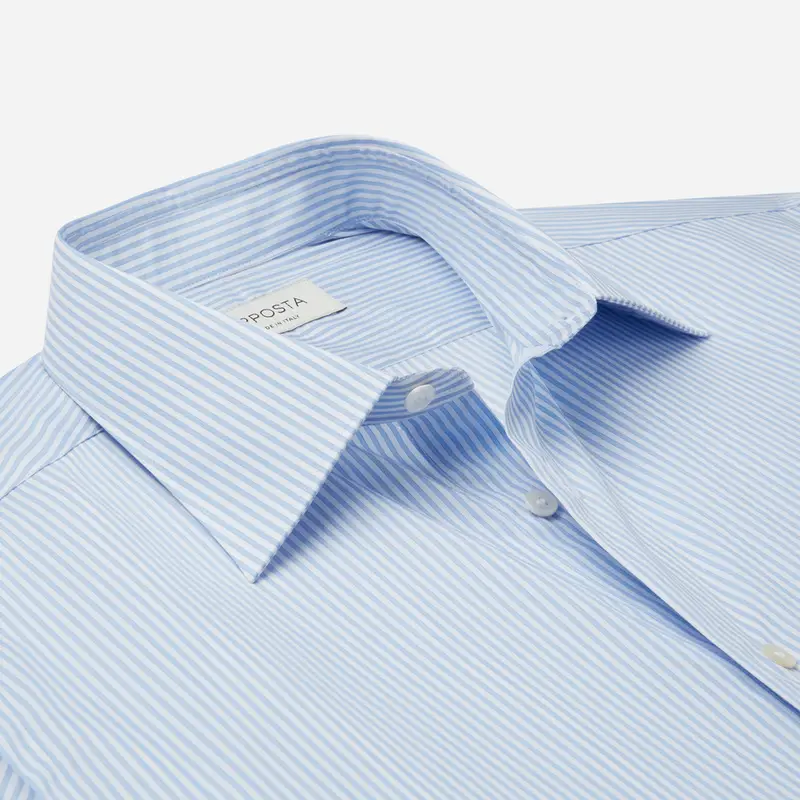 Camicia righe azzurro cotone twill giza 87, collo stile collo italiano basso miniatura 3