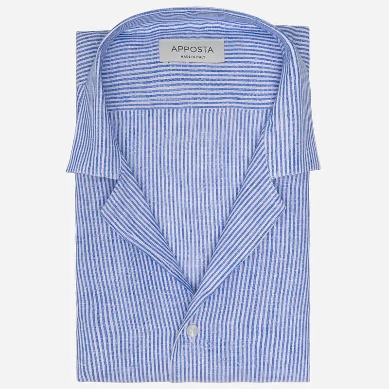 Camicia righe azzurro lino tessuto con armatura a tela, collo stile collo bowling